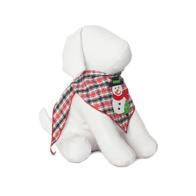 White dog mannequin with a plaid scarf featuring a snowman design on a white background