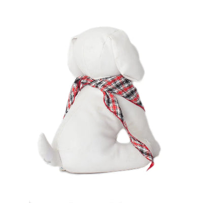 White dog mannequin with a red and black plaid bandana on a white background