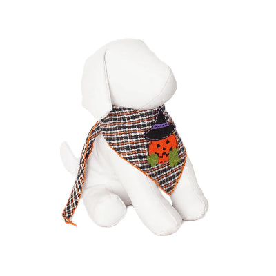 Halloween-themed plaid scarf with a pumpkin design on a mannequin.