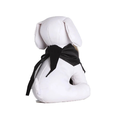 White dog mannequin with black bow bandana on a white background