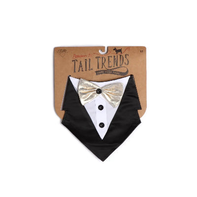 Dog tuxedo bandana with bow tie on a Tail Trends packaging