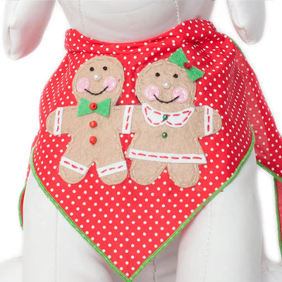 Red polka dot bandana with gingerbread man design on a white background