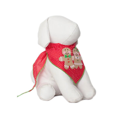 White dog mannequin with a red polka dot bandana featuring gingerbread man and gingerbread woman on a white background