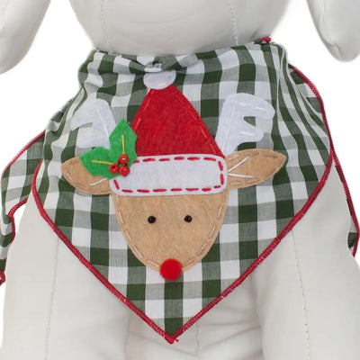 Plaid dog bandana with reindeer design on a white background