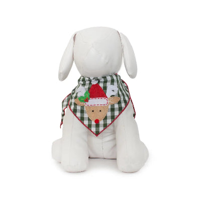 White dog mannequin with a checkered scarf featuring a reindeer design on a white background
