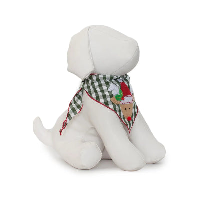 White dog mannequin with a checkered bandana featuring a red nosed reindeer applique on a white background