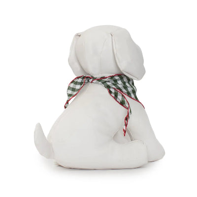 White dogmannequin with a green and white checkered bandana on a white background