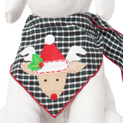 Plaid dog bandana with reindeer design on a dog mannequin