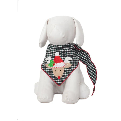 White dog mannequin wearing a black and white checkered bandana with a reindeer design on a white background