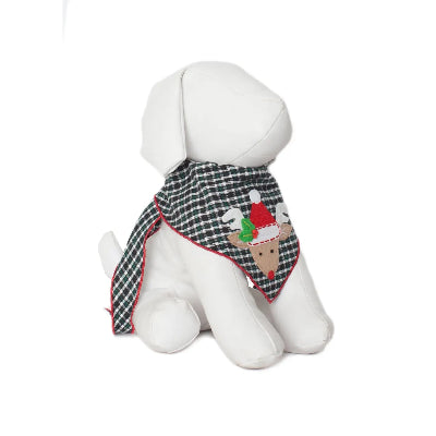 White dog mannequin wearing a plaid scarf with a reindeer design on a white background