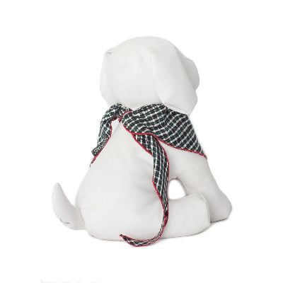 White dog mannequin with a plaid scarf on a white background