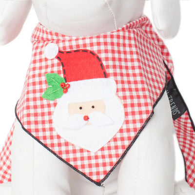 Red and white checkered bandana with Santa Claus design on a dog mannequin.