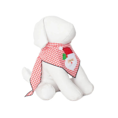 White dog mannequin with a red and white checkered Santa Claus bandana on a white background