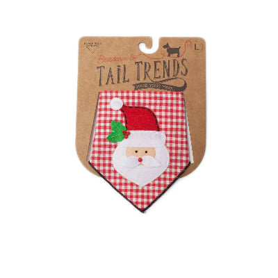 Red and white checkered dog bandana with Santa Claus design on a Tail Trends branded card.