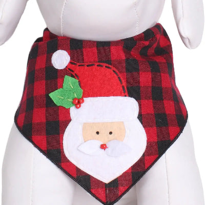 Red and black checkered dog bandana with Santa Claus design on a mannequin.
