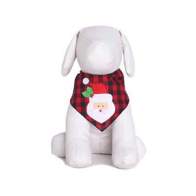 White dog mannequin with a red and black plaid bandana featuring a Santa Claus face on a white background.
