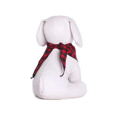 White dog mannequin with a red and black checkered tie bandana on a white background
