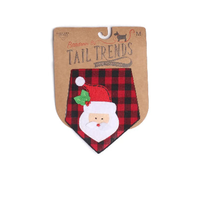 Plaid dog bandana with Santa face design on a Tail Trends packaging