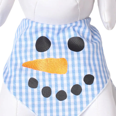 Blue and white checkered pet bandana with snowman design on a mannequin.