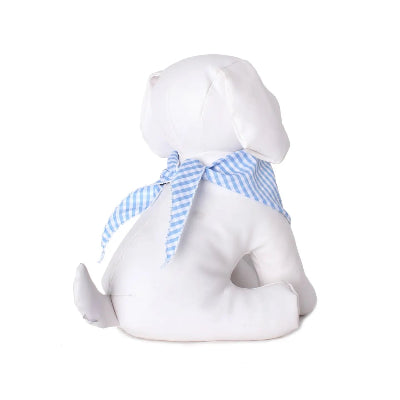 White dog mannequin with a blue checkered tie bandana on a white background