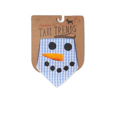 Dog bandana with snowman design on a Tail Trends branded package