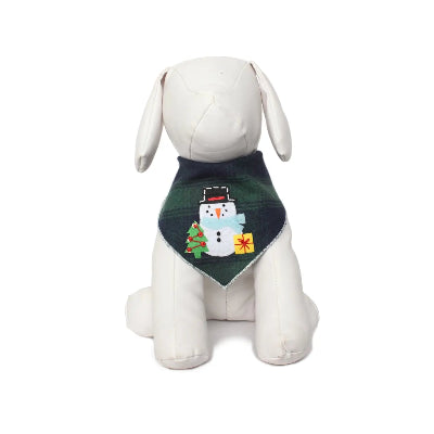 White dog mannequin wearing a green and blue plaid bandana with a snowman design on a white background