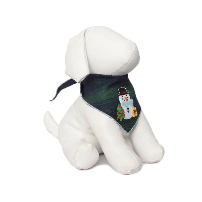 White dog mannequin with a blue and green plaid bandana featuring a snowman design on a white background