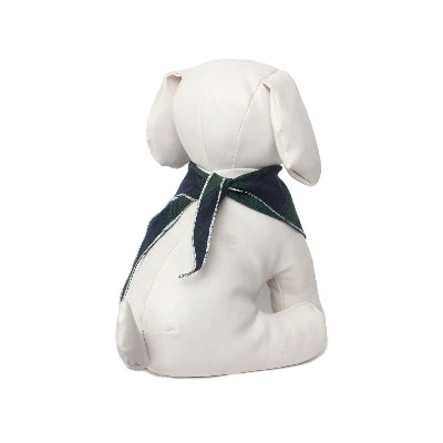 White dog mannequin with a green and blue plaid tie banana on a white background