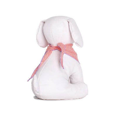 White dog mannequin with an orange and white checkered tie bandana on a white background