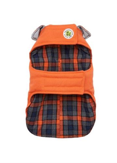 Orange and plaid dog blanket coat with Up Country logo on a white background