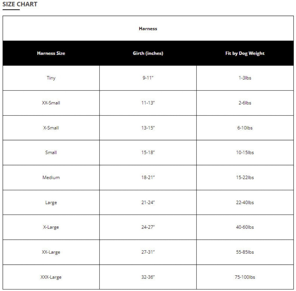 The Worthy Dog Harness Size Chart