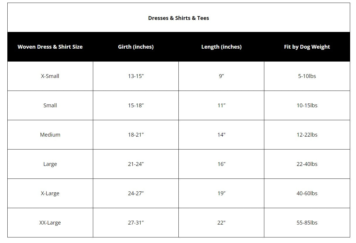 The Worthy Dog T-Shirt Size Chart