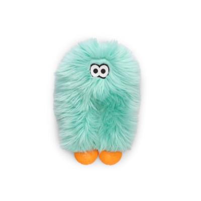 Teal plush toy with orange feet on a white background
