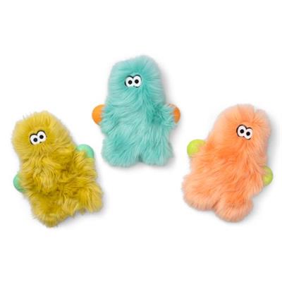 Three colorful plush toys resembling monsters on a white background