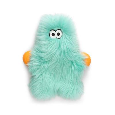 Teal plush toy with googly eyes and orange accents on a white background
