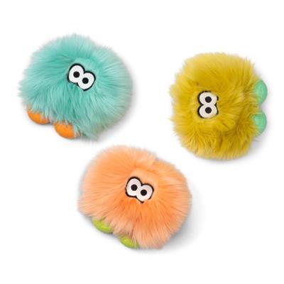 Three colorful plush toys with eyes on a white background