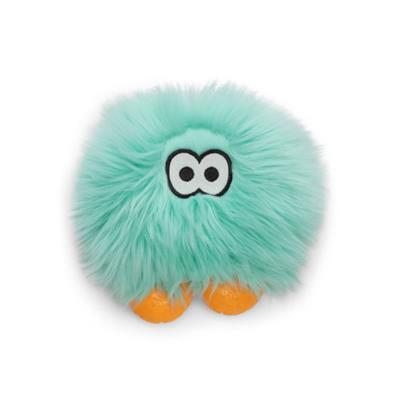 Turquoise fuzzy toy with black eyes and orange feet on a white background
