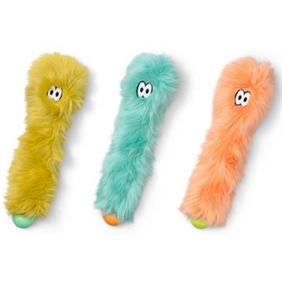 Three colorful plush toys with eyes on a white background