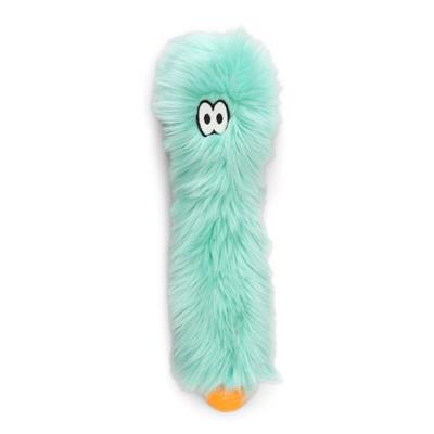 Turquoise plush toy with a face on a white background