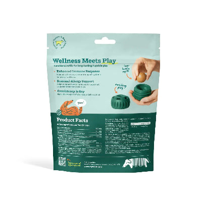 Pet product packaging with text and images of a hand holding a toy.