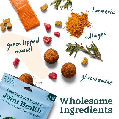 Wholesome ingredients including salmon, turmeric, collagen, green lipped mussel, glucosamine, and a product package on a white background.