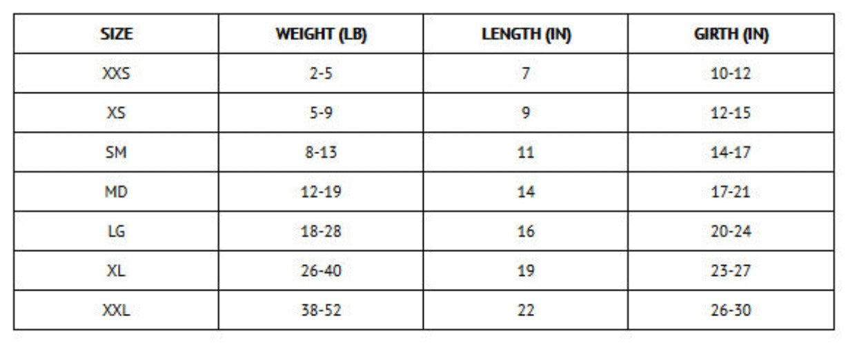 The Worthy Dog Sweater Size Chart