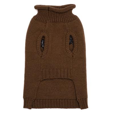 Brown knitted dog sweater with a plain background