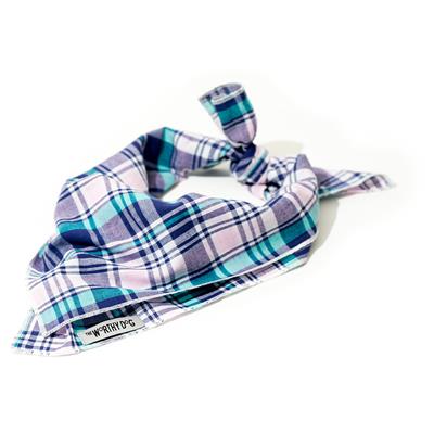 Plaid bandana with pink, blue & turquoise pattern on a white background