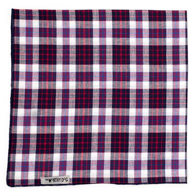 Plaid patterned pet bandana with 'The Worthy Dog' branding on a white background