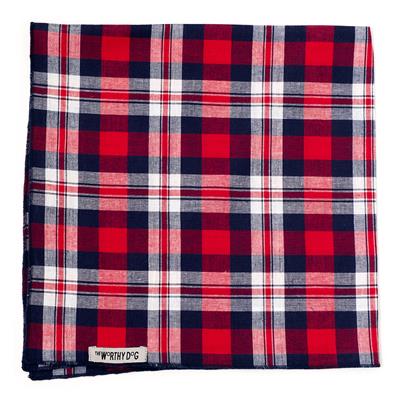 Plaid fabric with red, blue, and white pattern on a white background