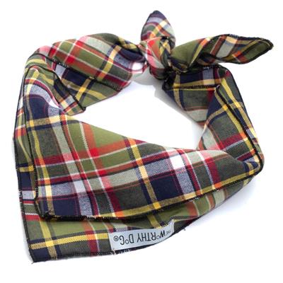 Plaid dog bandana with a brand label on a white background