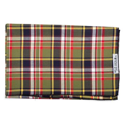 Plaid patterned dog bandana with visible brand label on a white background