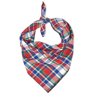 Plaid bandana in red, blue, green and white on a white background