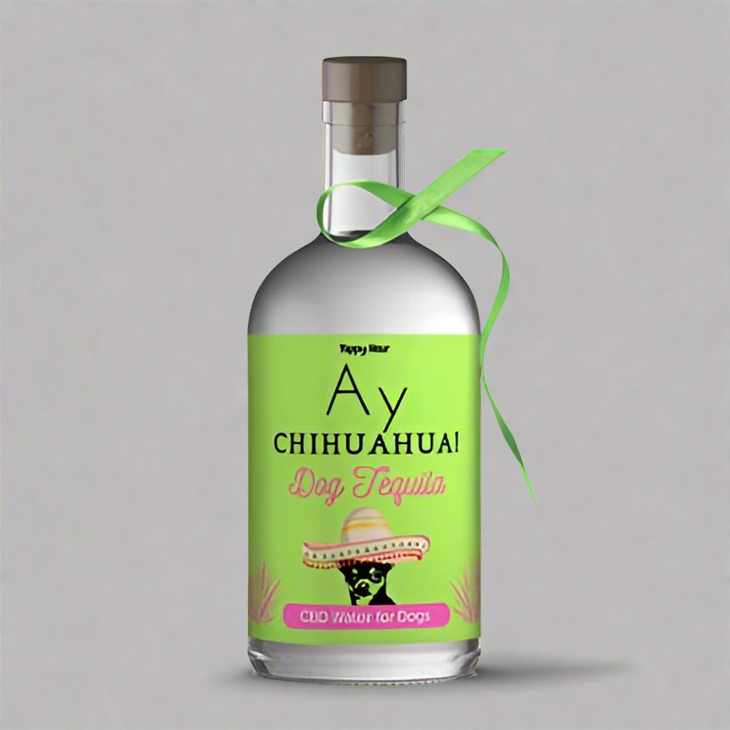 Bottle of Ay Chihuahua! Dog Tequila with a green label on a bright green background